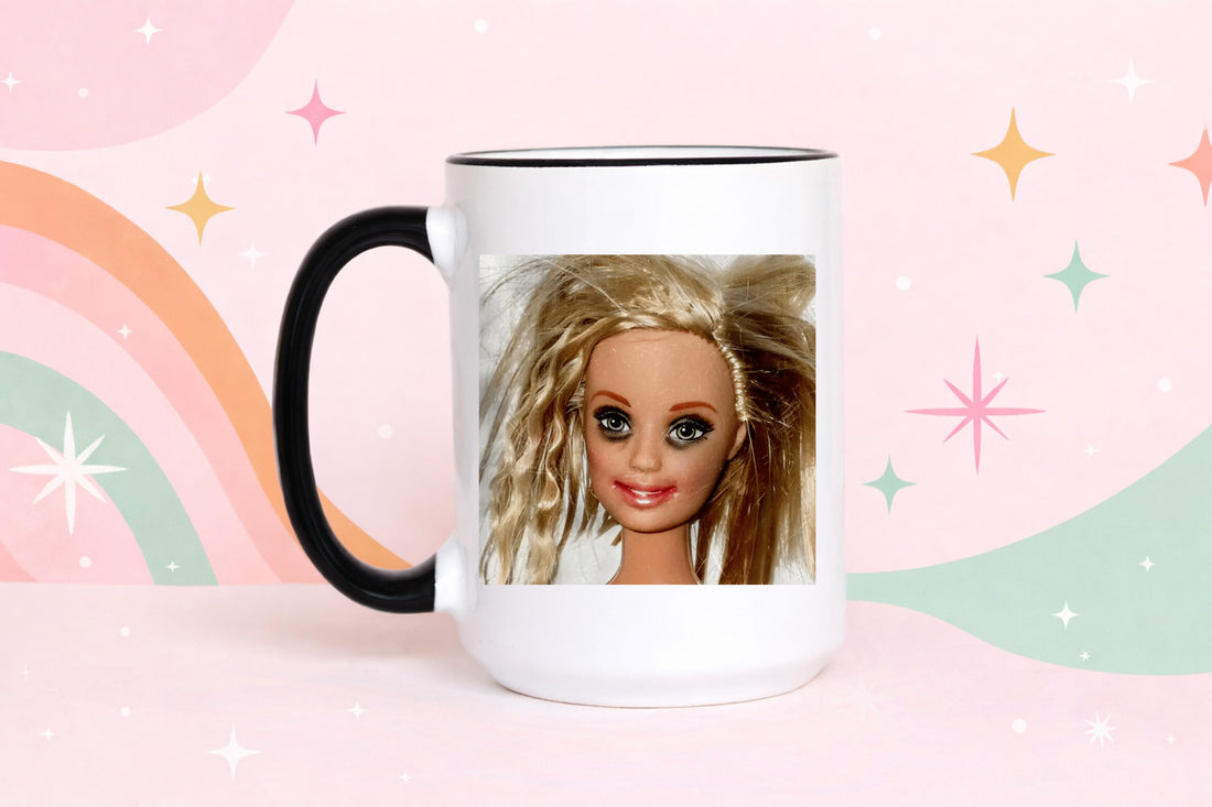funny messy hair doll coffee mug chaotic meme humor retro doll mug