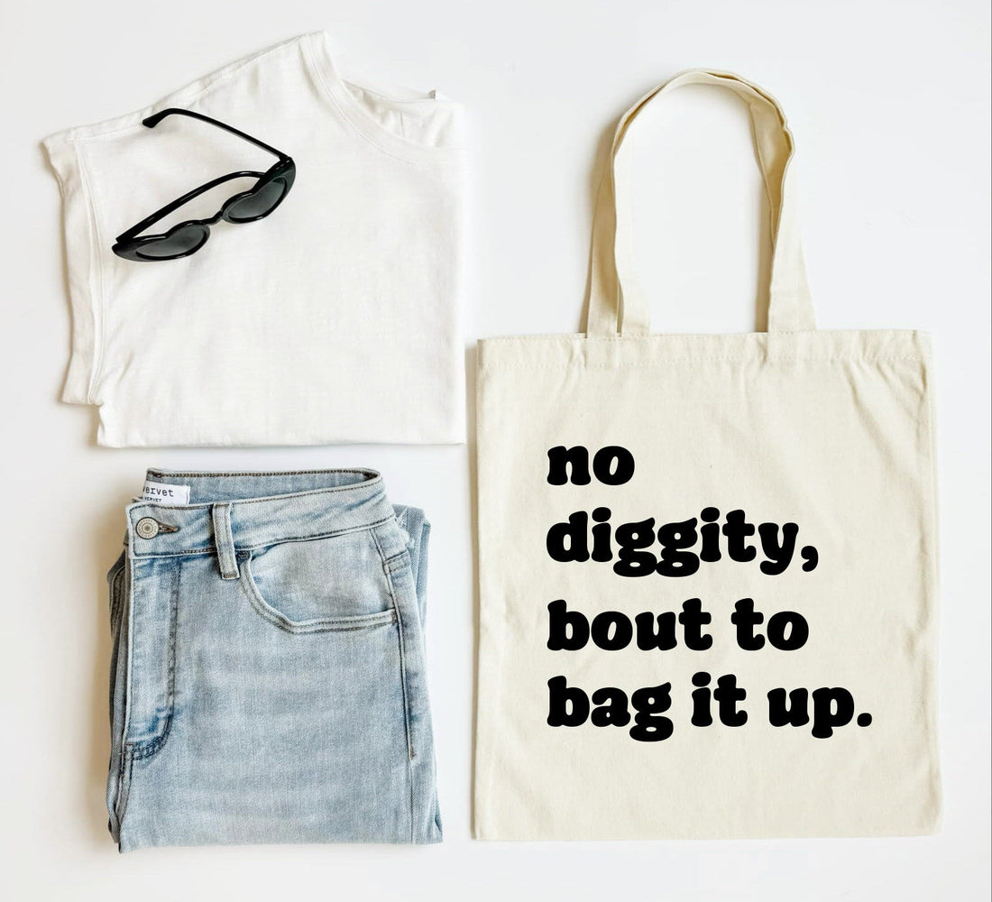 White tank top, blue jeans, black sunglasses, and a tote bag with text on a white background