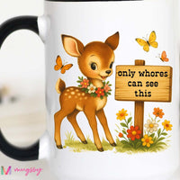 Mug with a cartoon deer and flowers design on a white background