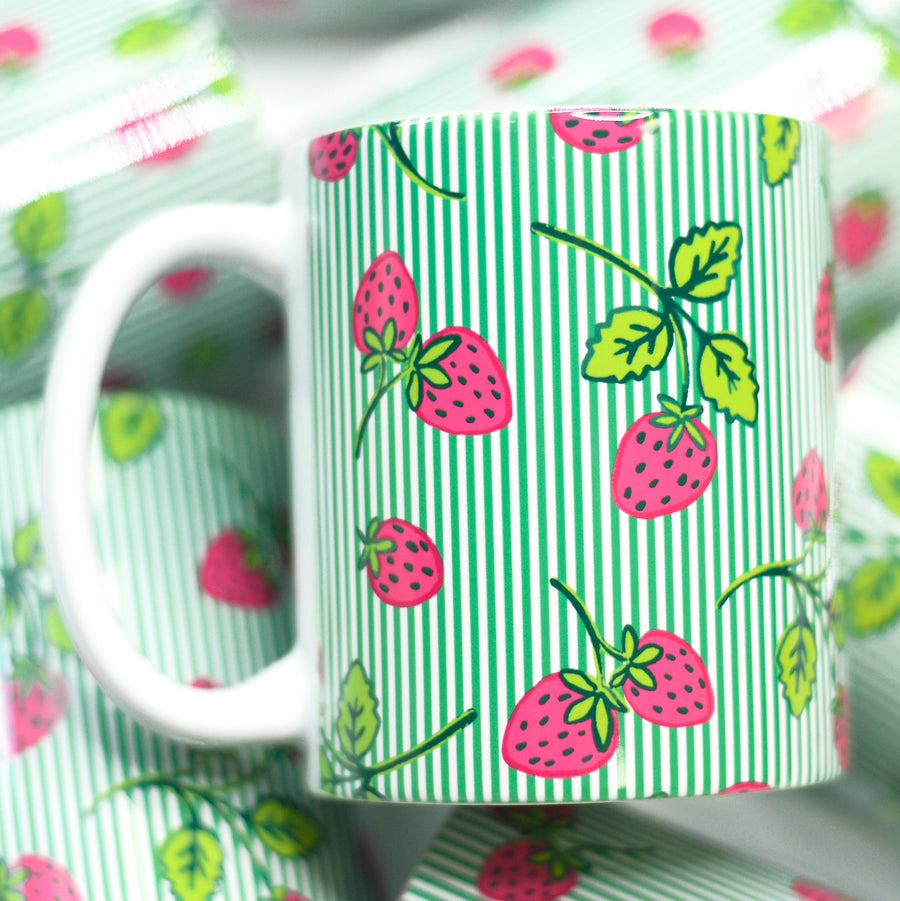 Green Seersucker Strawberries Ceramic Mug