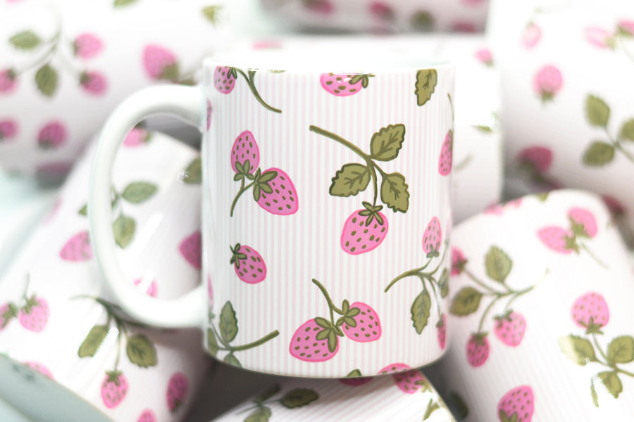 Pink Seersucker Strawberries Ceramic Mug
