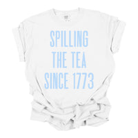 spilling the tee white t-shirt with blue writing