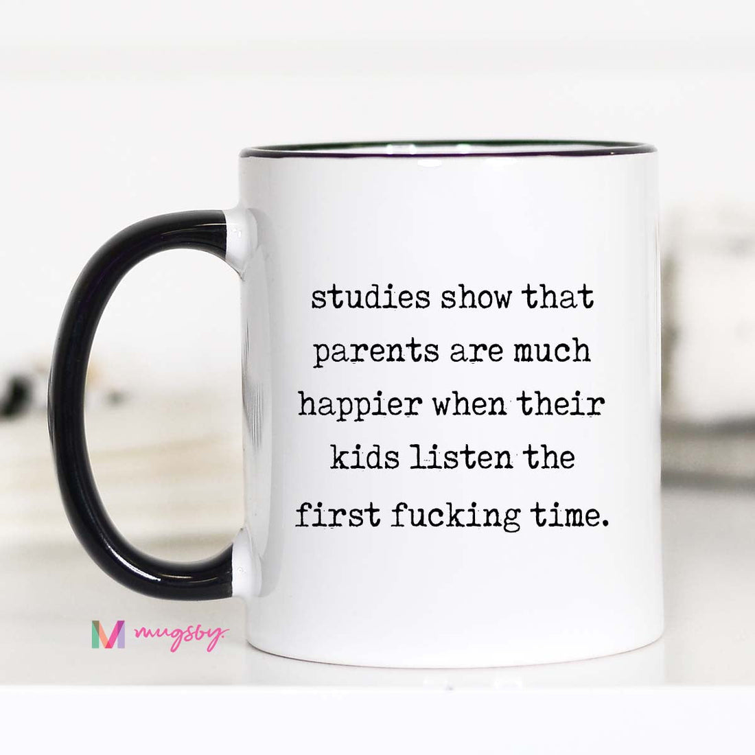 Mug with humorous text on a white background