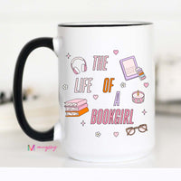 White mug with black handle featuring 'The Life of a Bookgirl' design on a white background