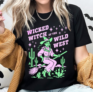 Graphic t-shirt that says 'Wicked Witch of the Wild West' – western Halloween cowgirl tee