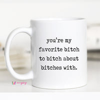 White mug with humorous text on a white background