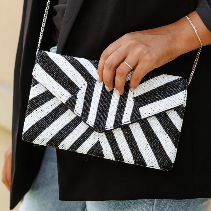 seed bead bag striped, black white clutch cheers holidays