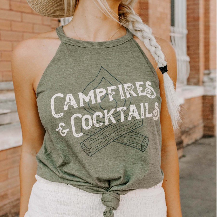 campfire and cocktails graphic tank