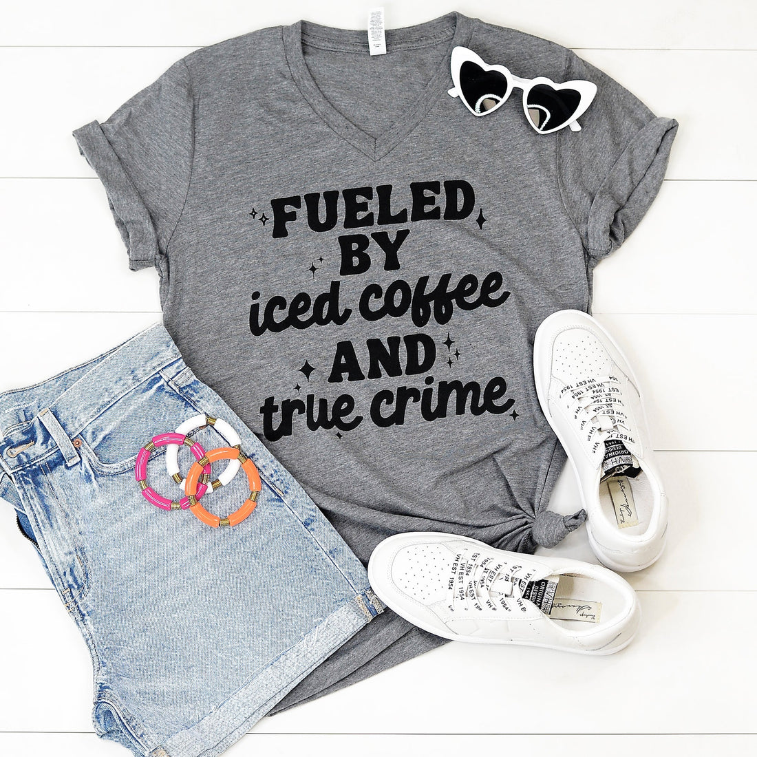 Fueled by Iced Coffee and True Crime Shirt (Grey Vneck)