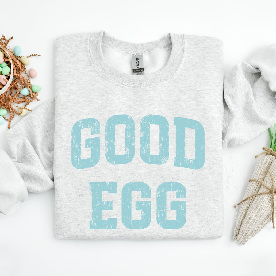Good Egg Grey Sweatshirt with Blue Writing 