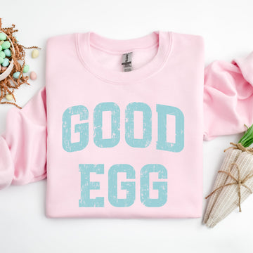 Good Egg Pink Sweatshirt Blue Writing 