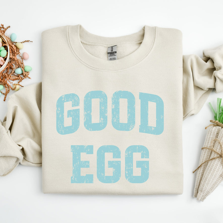 Good Egg Sweatshirt on Cream with Blue Writing