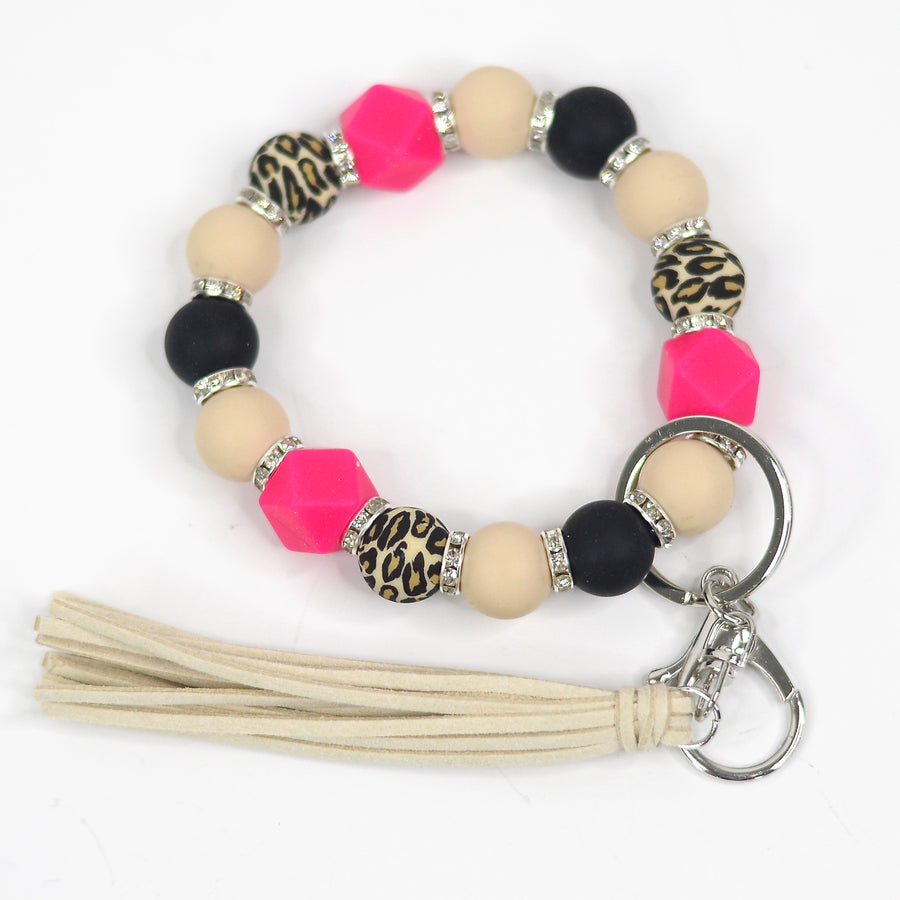 Hot Pink and Leopard Beaded Keychain