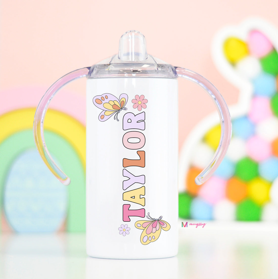 Spring Butterflies Personalized Name Short Travel Cup